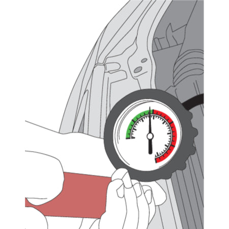 Illustration of a person using a pressure gauge on a tire.