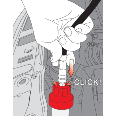 Illustration of a hand fastening a car seat belt with a 'CLICK!' sound depicted.