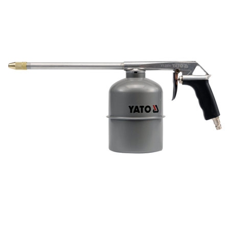 YATO pneumatic paint sprayer with a gray metal canister, long silver nozzle tube, black trigger handle, and brass spray tip, shown on a plain white background.