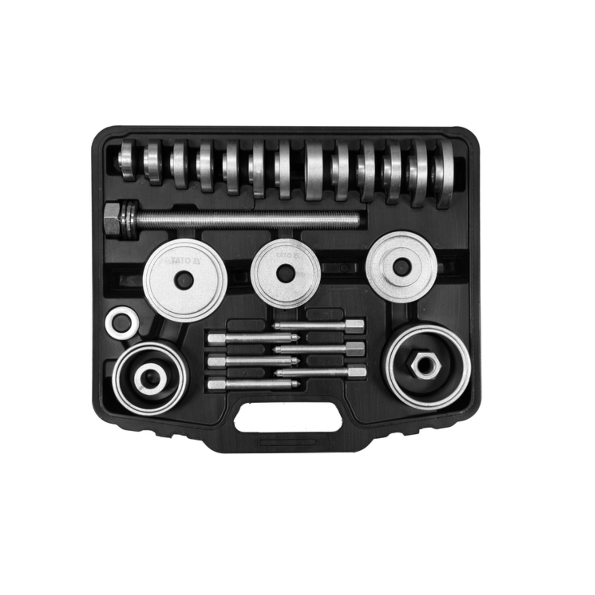 Set of mechanical components in a black plastic case on a white background