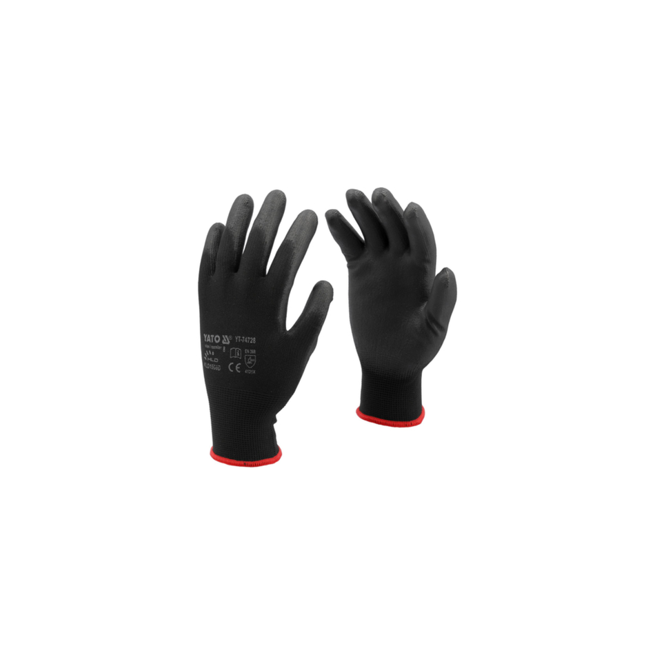 Pair of black gloves with red accents on a white background