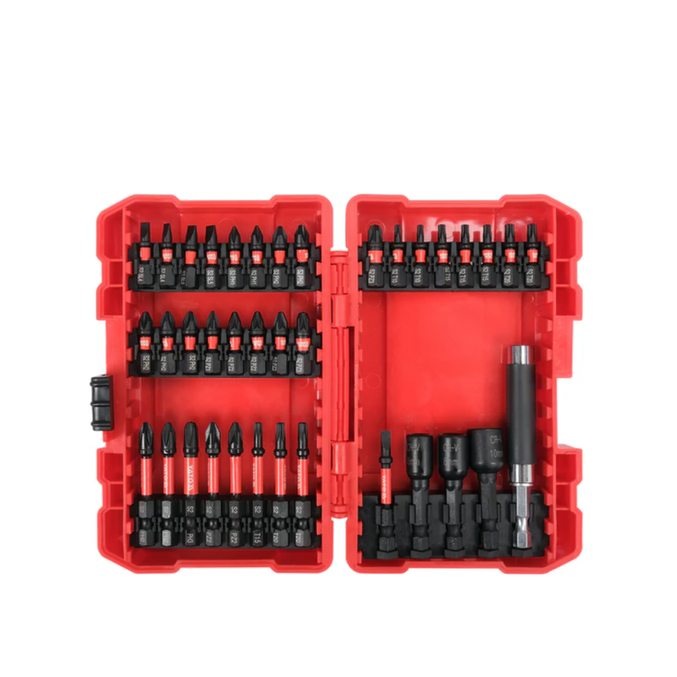 Set of drill bits in a red plastic case on a white background