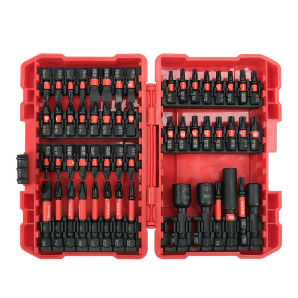 Set of drill bits in a red plastic case on a white background