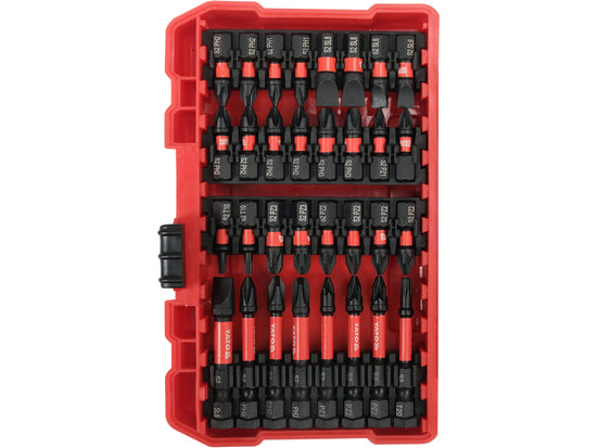 Set of drill bits in a red plastic case on a white background