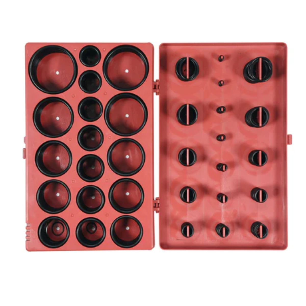 Red metal tool with circular components on a white background