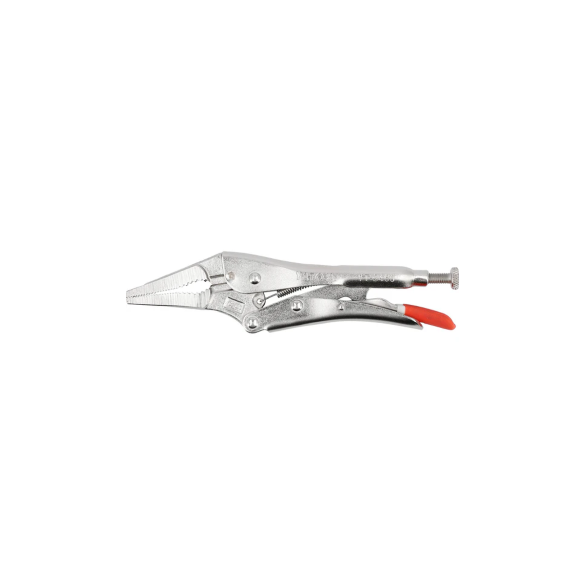 Locking pliers with a red handle on a white background