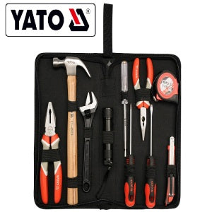 Set of tools in a YATO branded tool bag on a white background