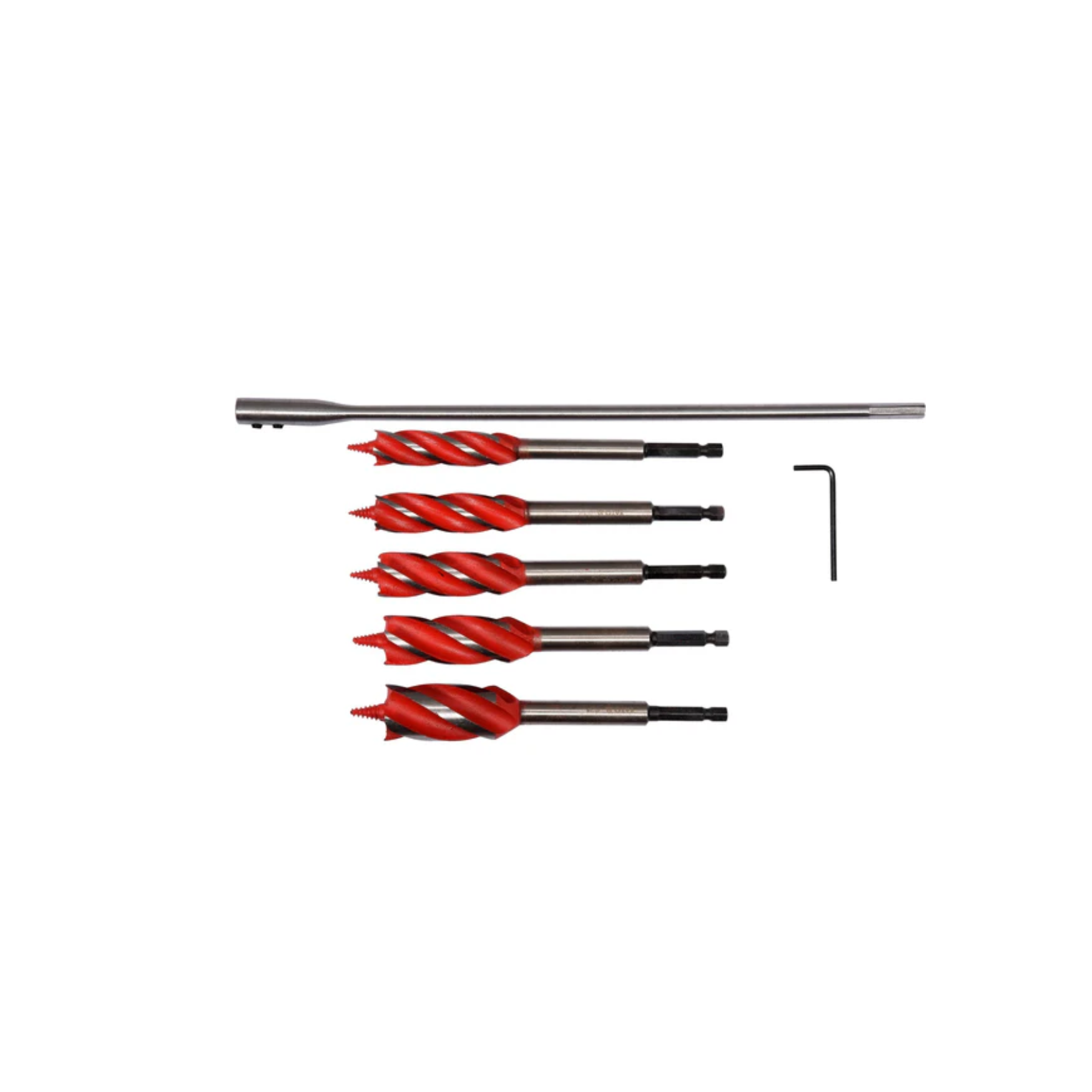 Set of drill bits with red spiral patterns on a white background