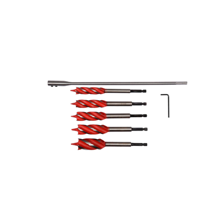 Set of drill bits with red spiral patterns on a white background