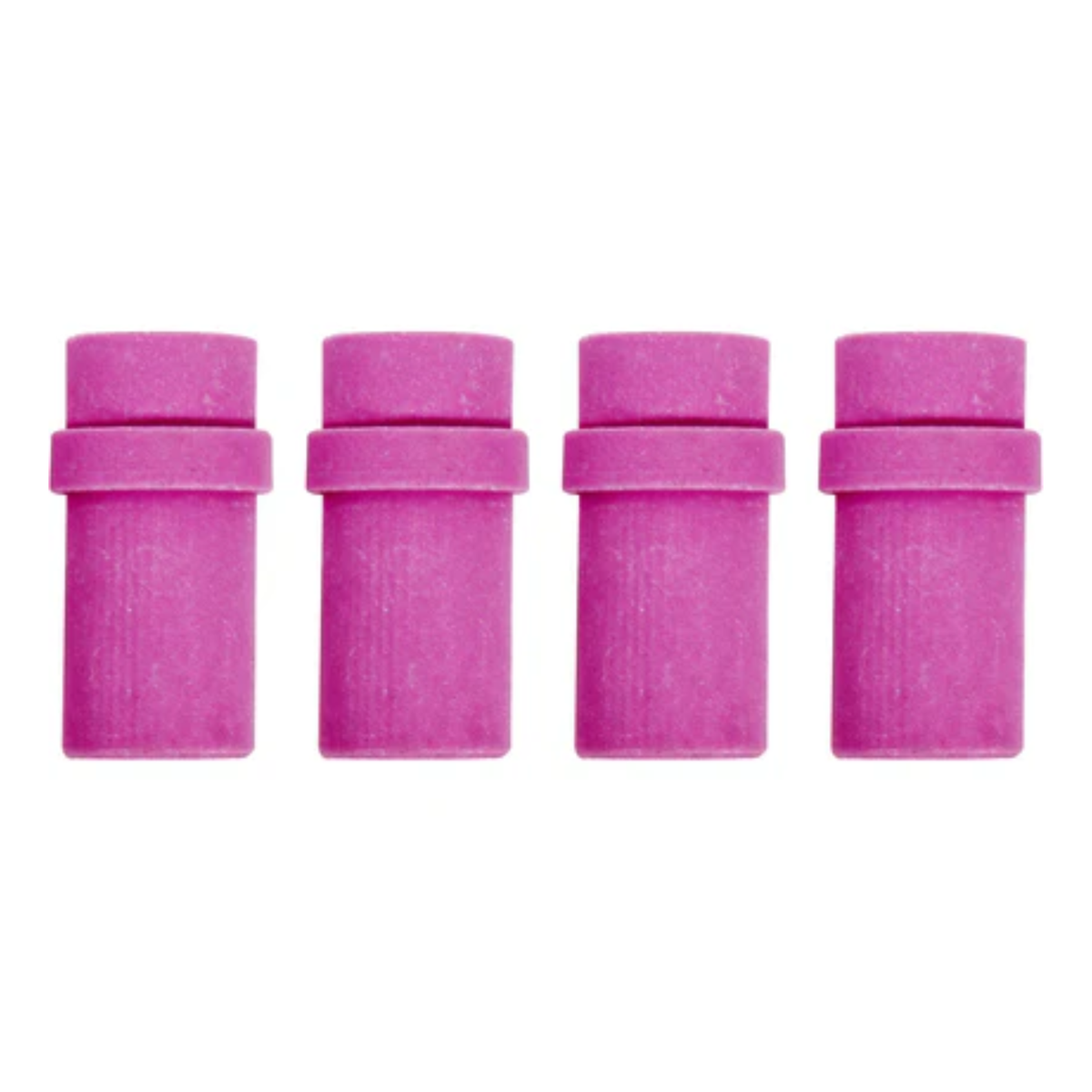 Four pink cylindrical objects with caps on a white background