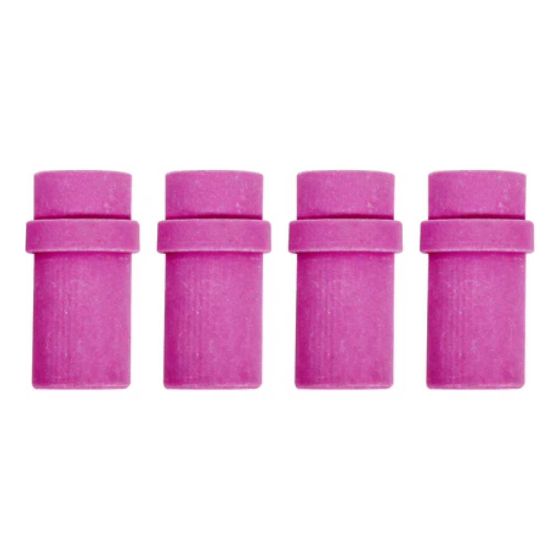 Four pink cylindrical objects with caps on a white background
