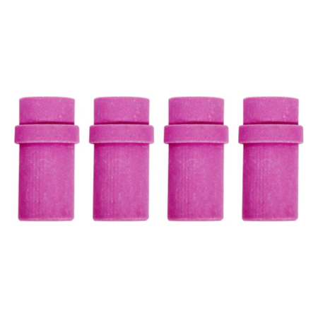 Four pink cylindrical objects with caps on a white background