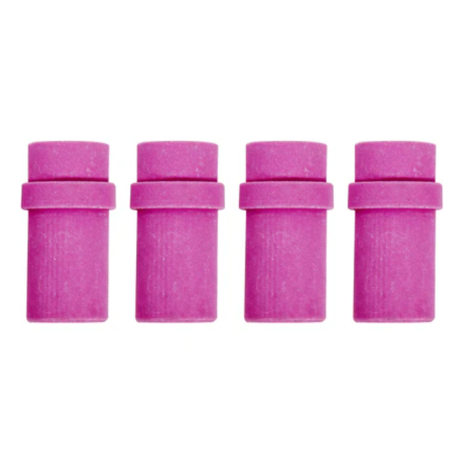 Four pink cylindrical objects with caps on a white background