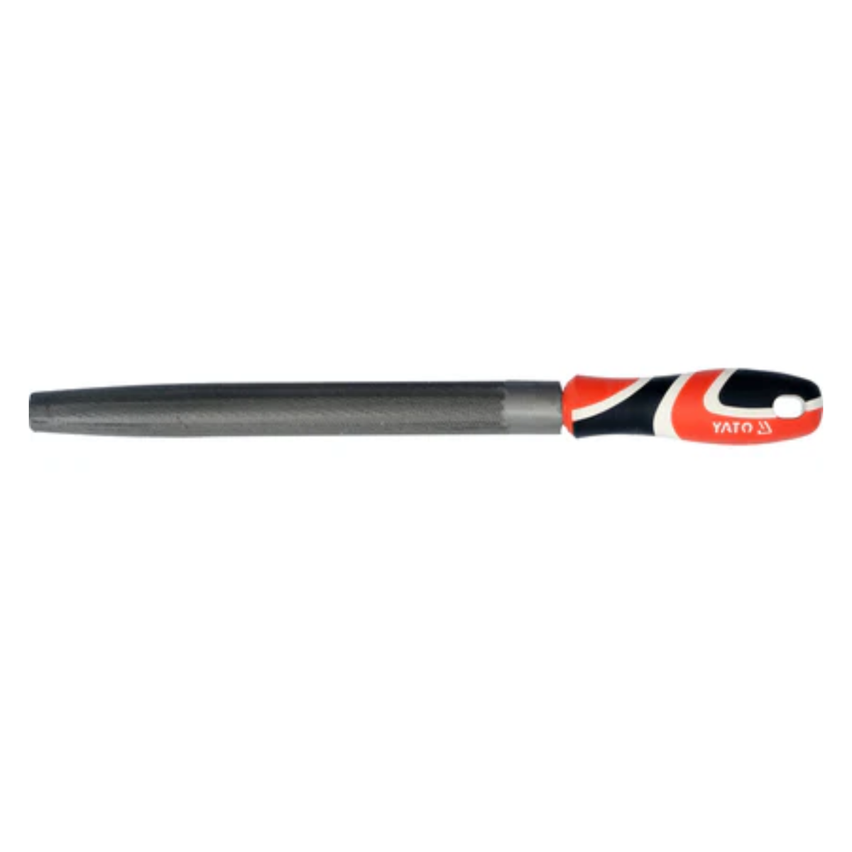 Metal file with a red and black handle on a white background