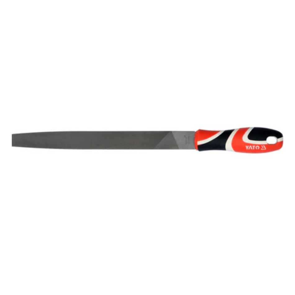 Hand saw with a red and black handle on a white background