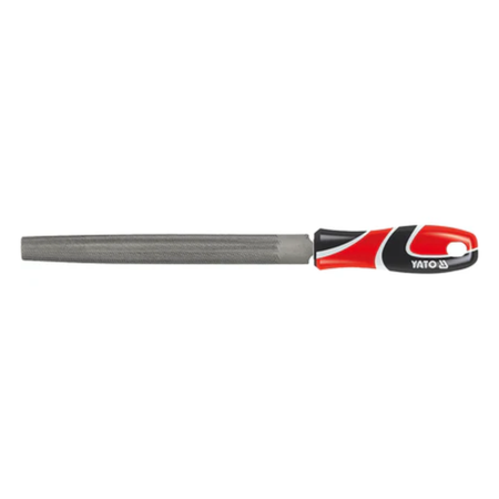 Metal file with red and black handle on a white background