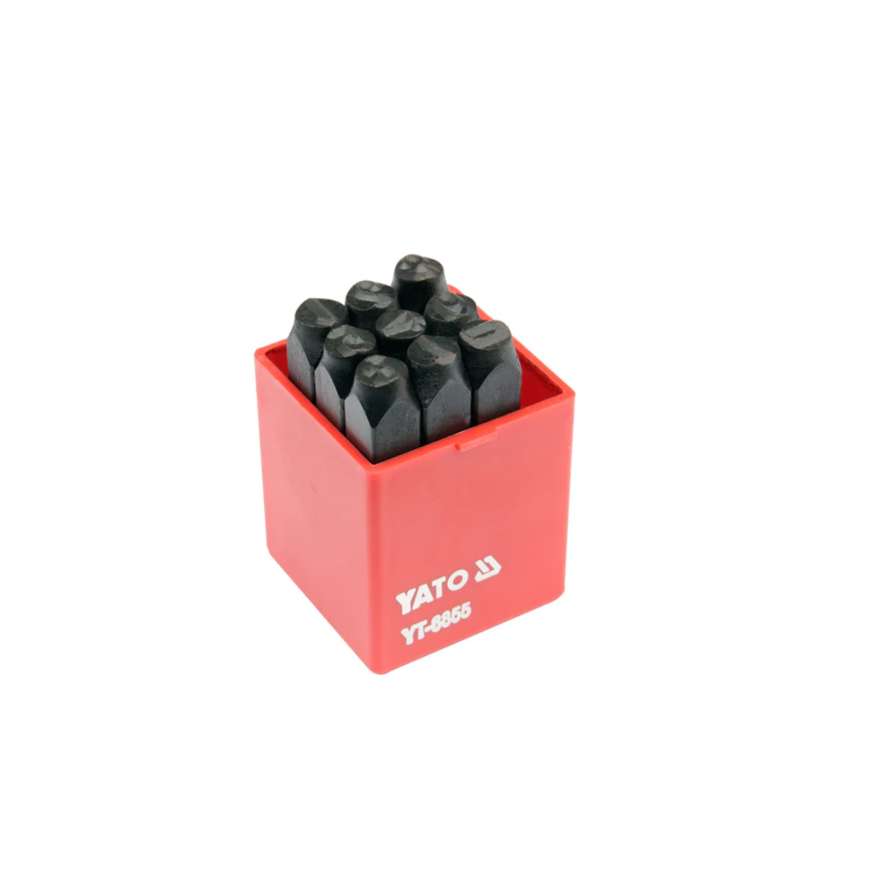 Set of black hex bits in a red Yato tool box on a white background