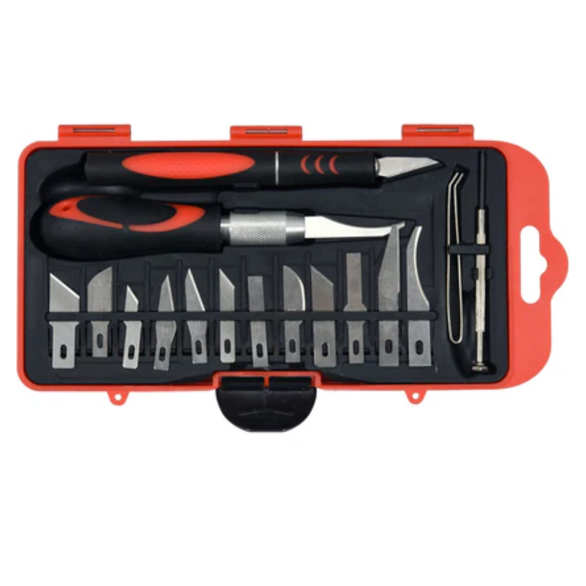 Set of scalpels and tools in a red and black case on a white background