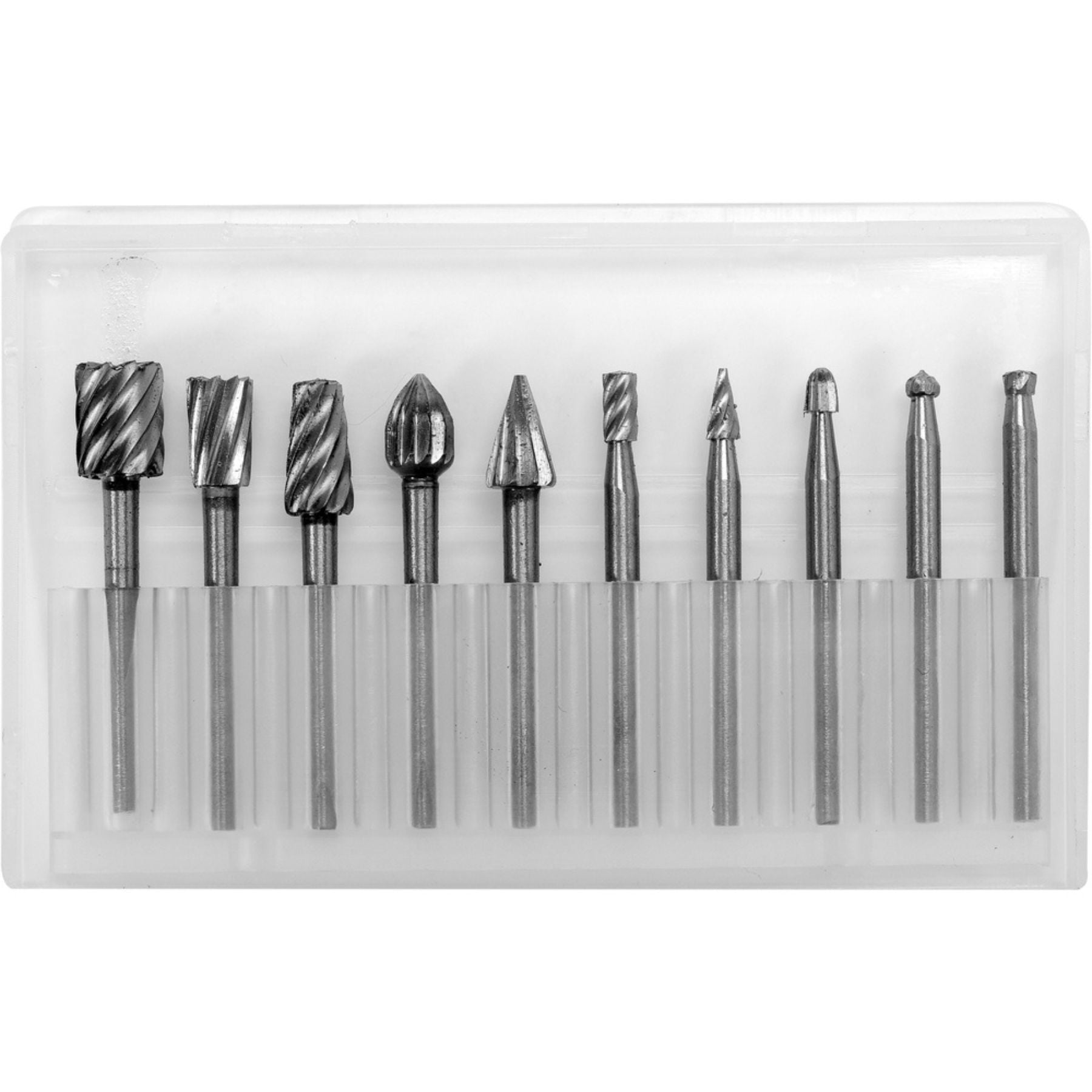 Set of metal rotary burrs in a clear plastic case on a white background