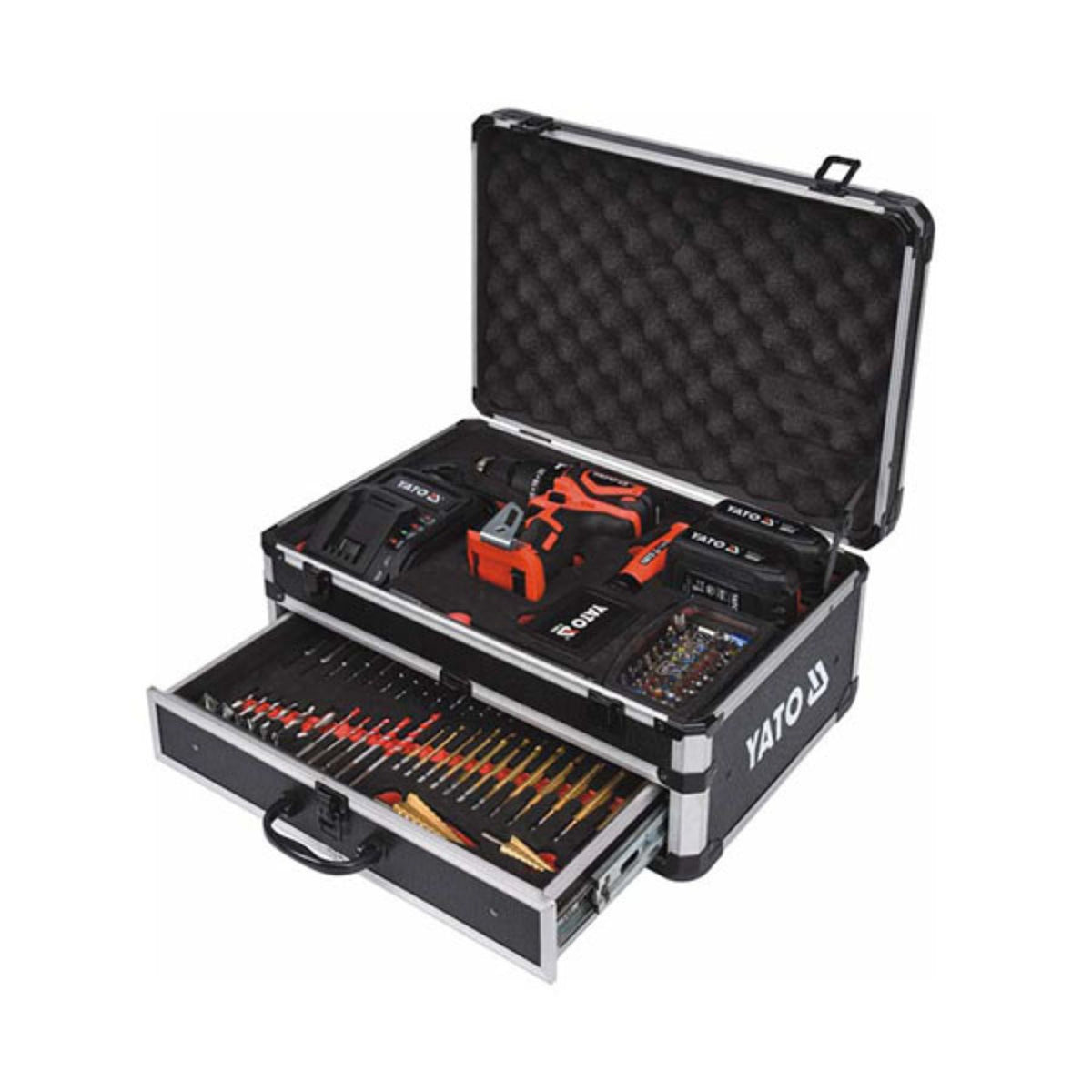 Tool case with tools and equipment on a white background