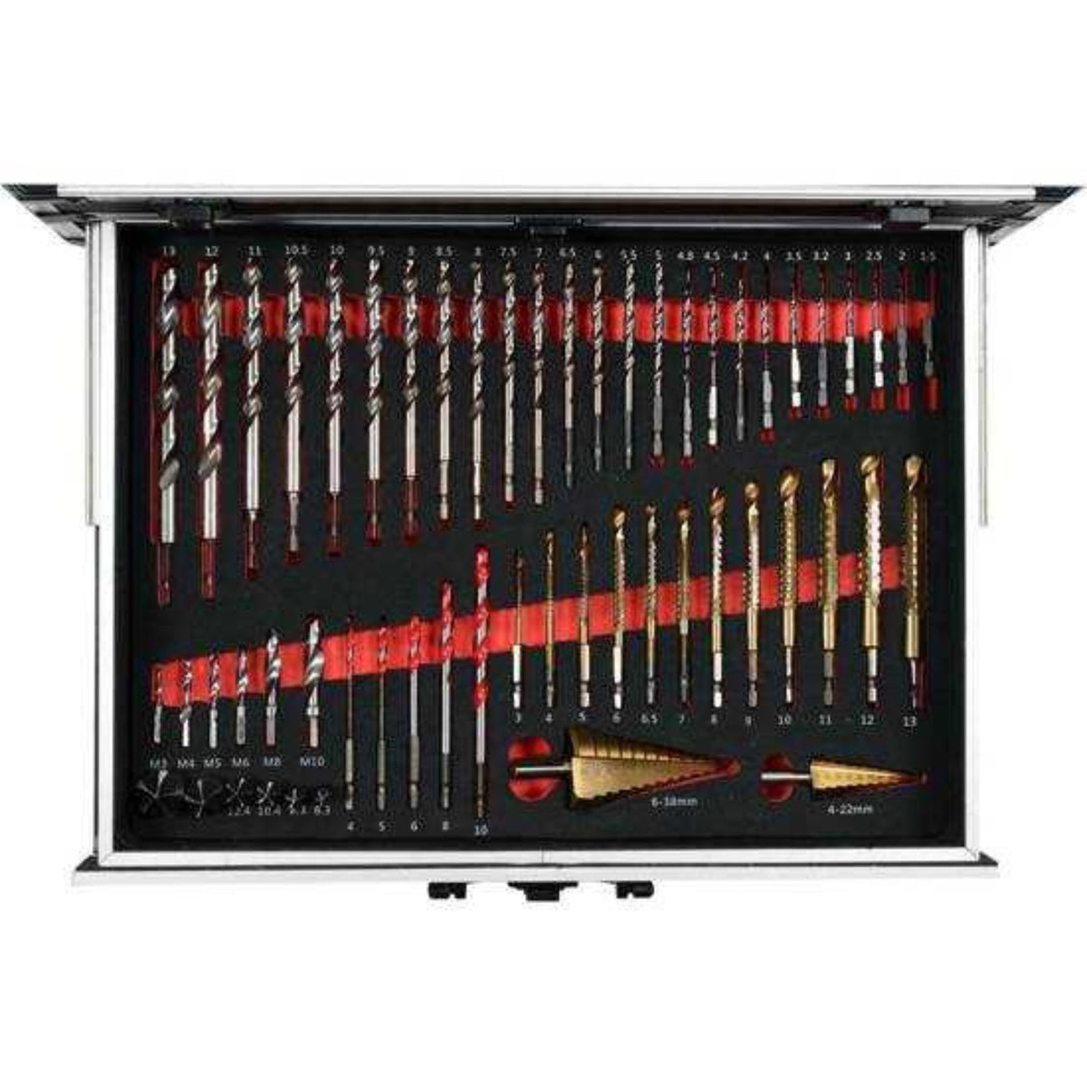 Set of drill bits in a clear case on a white background