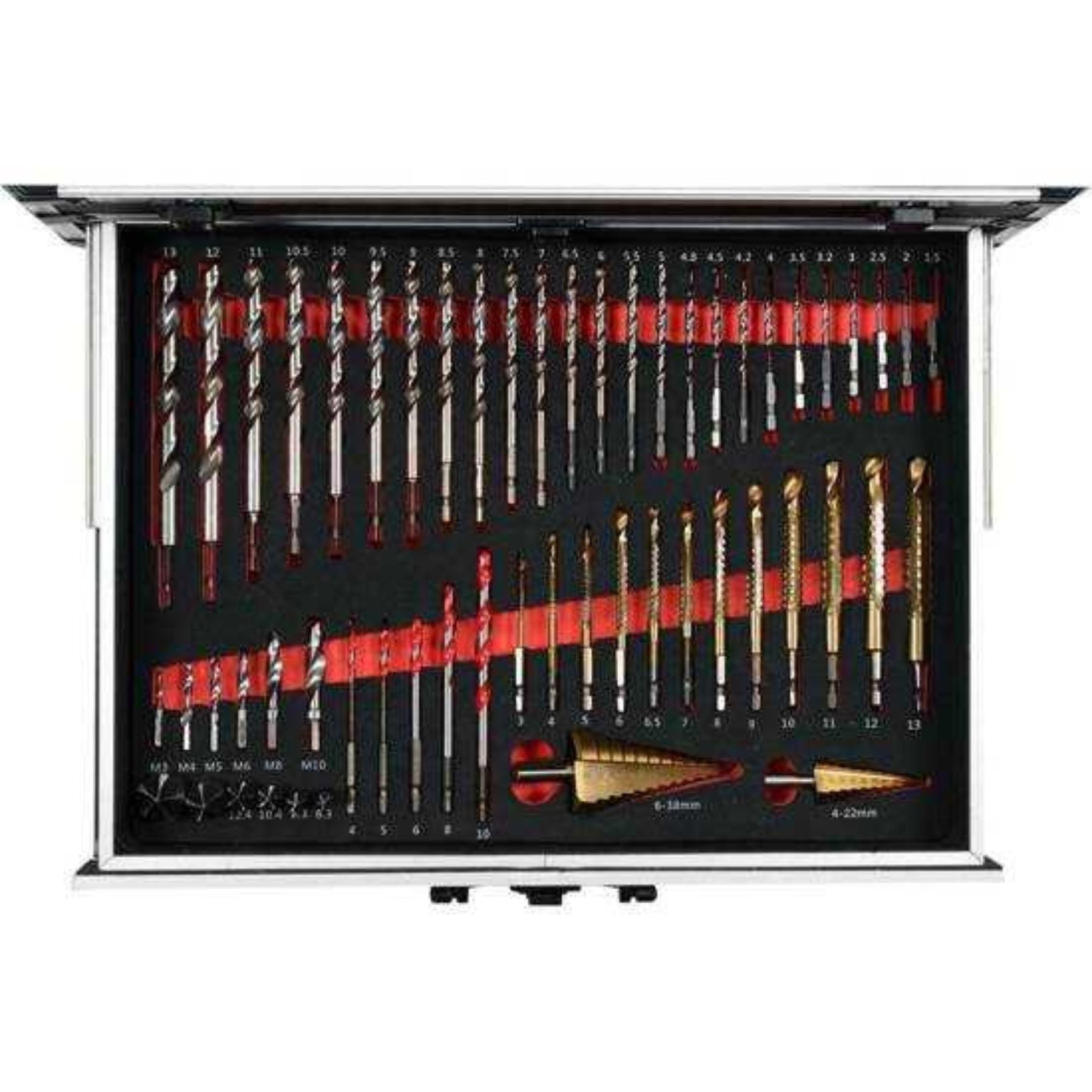 Set of drill bits in a clear case on a white background