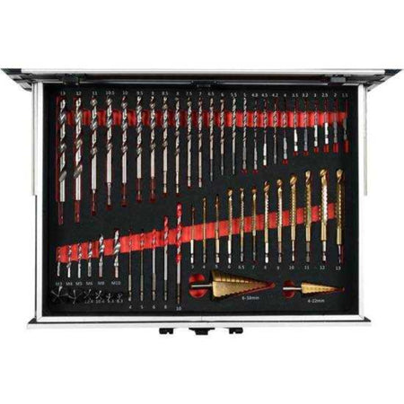 Set of drill bits in a clear case on a white background
