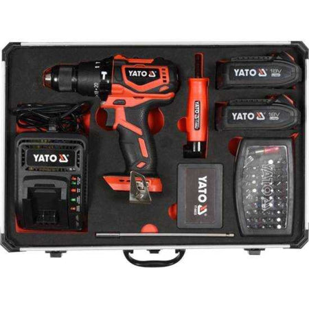Yato power drill set with batteries and tools in a case on a white background