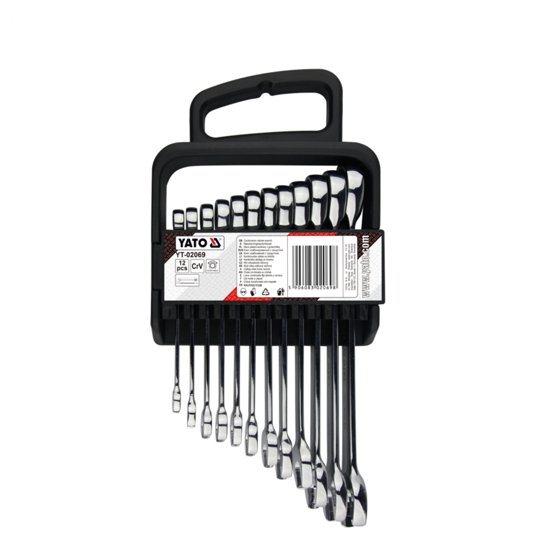 Set of YATO socket wrenches in a black carrying case on a white background