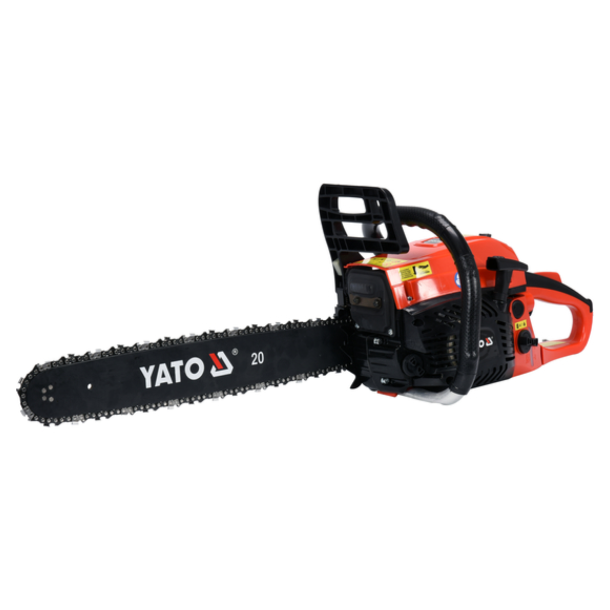 A YATO 20-inch chainsaw with a black bar and chain, featuring a red and black engine body, shown on a plain white background.
