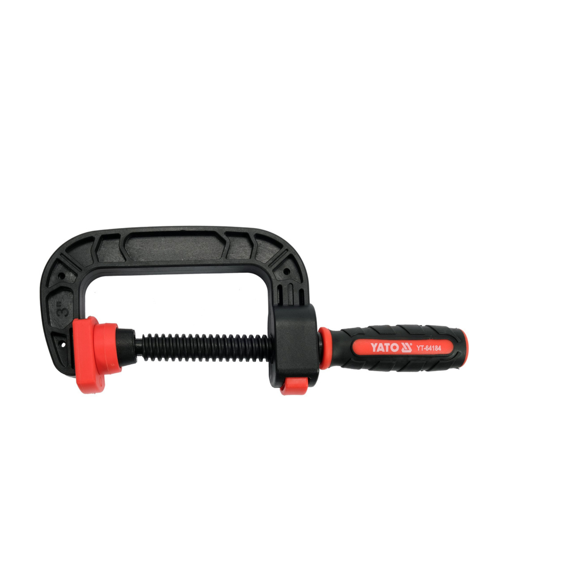 C-clamp with red accents on a white background