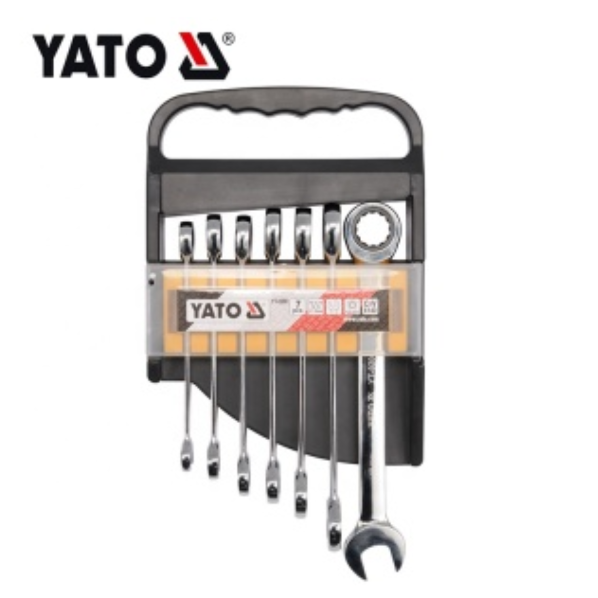 YATO 8-piece wrench set in a black plastic carrying case, featuring various span and socket wrenches, shown on a white background with the YATO logo in the top left corner.