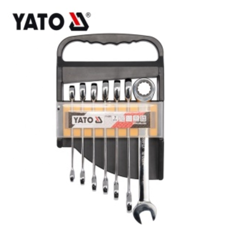 YATO 8-piece wrench set in a black plastic carrying case, featuring various span and socket wrenches, shown on a white background with the YATO logo in the top left corner.