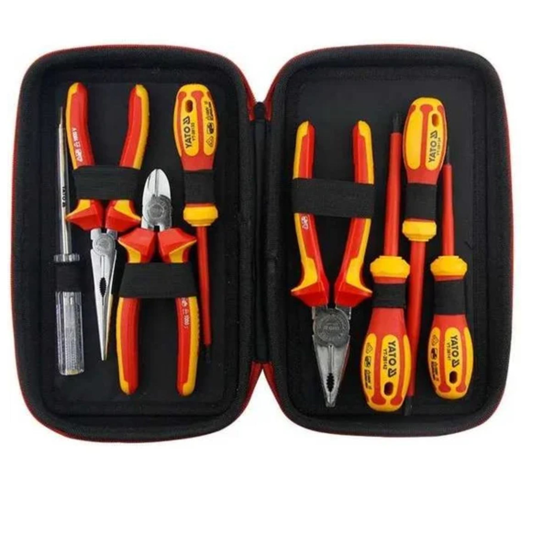 Set of tools including pliers and screwdrivers in a black case on a white background