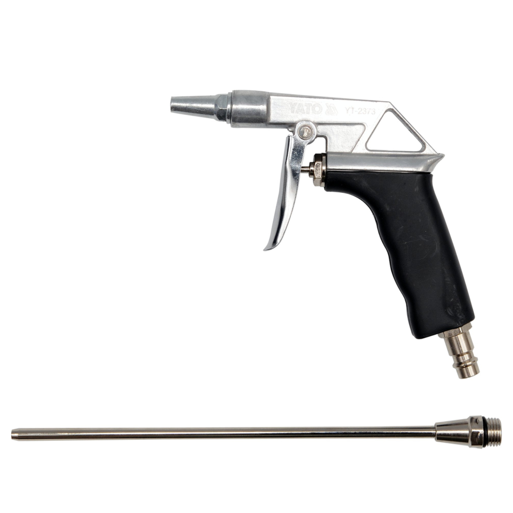A silver metal air gun with a black handle, shown alongside a long metal attachment rod on a plain white background.