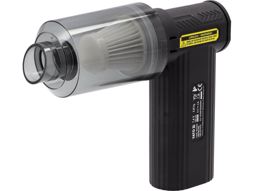 Black handheld device with transparent cylindrical component on a white background