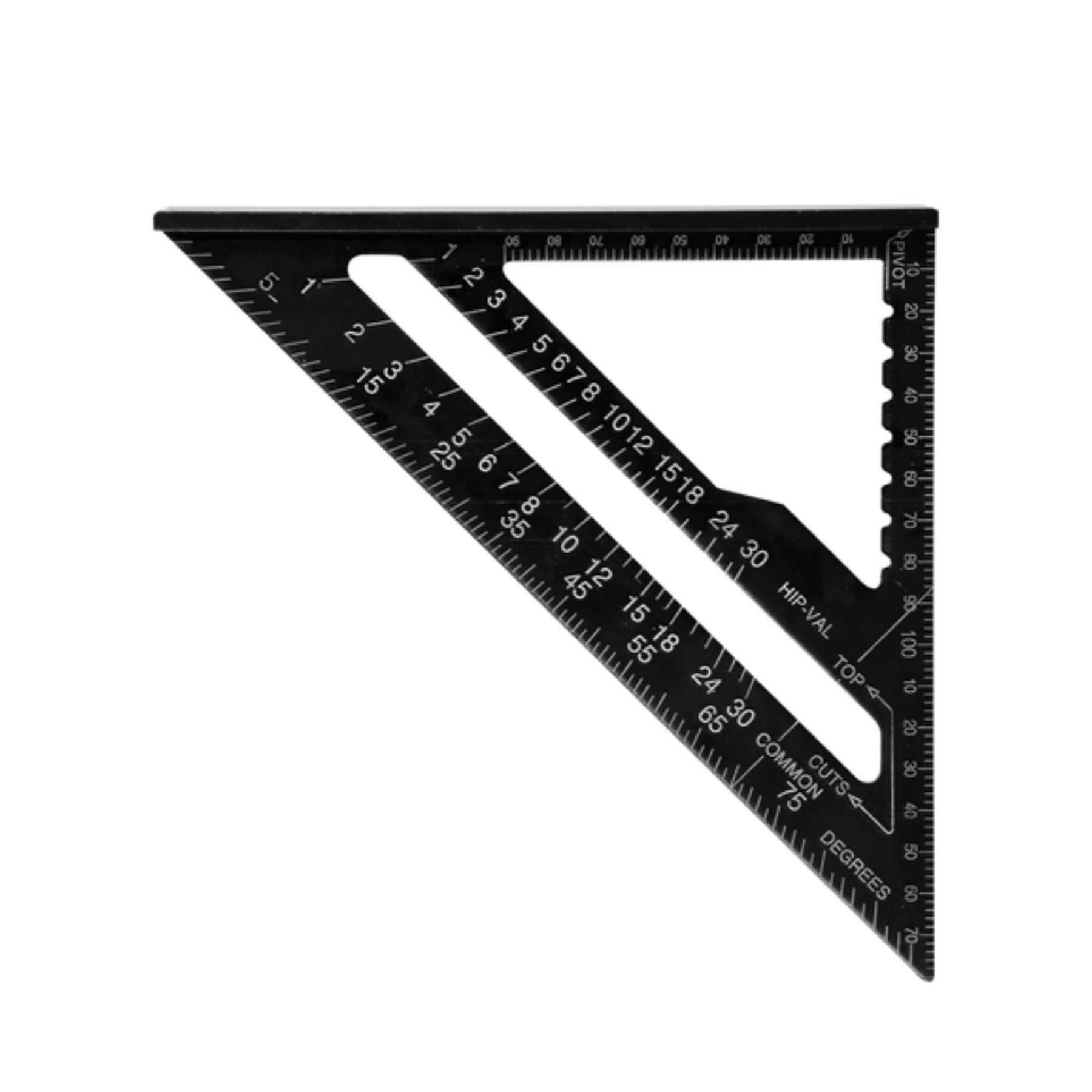 Black square ruler with measurement markings on a white background