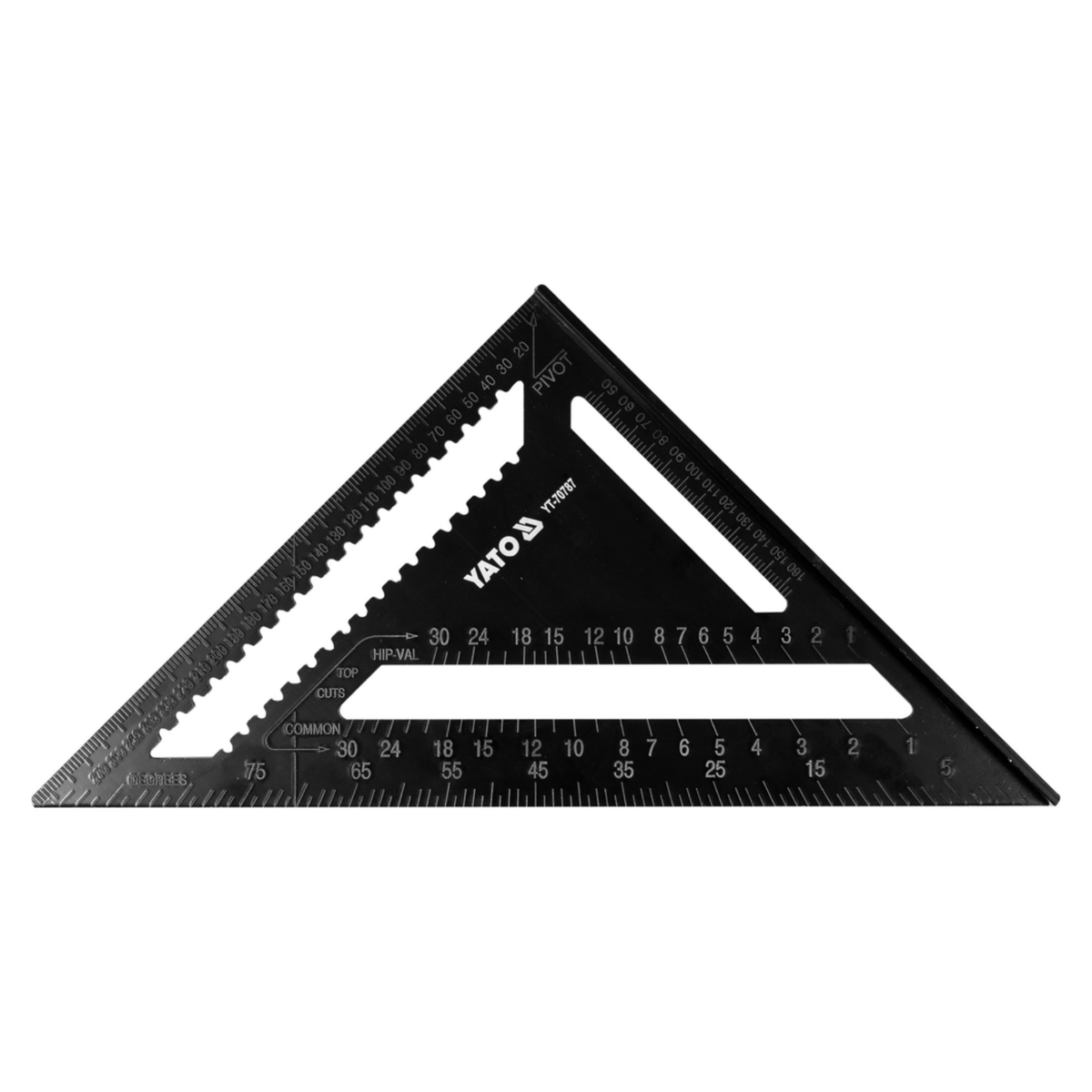 Black triangular ruler with measurement markings on a white background
