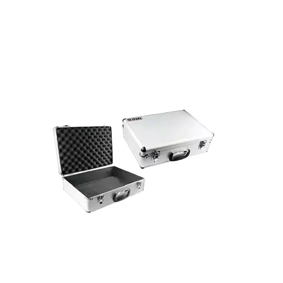 Two metallic cases on a white background