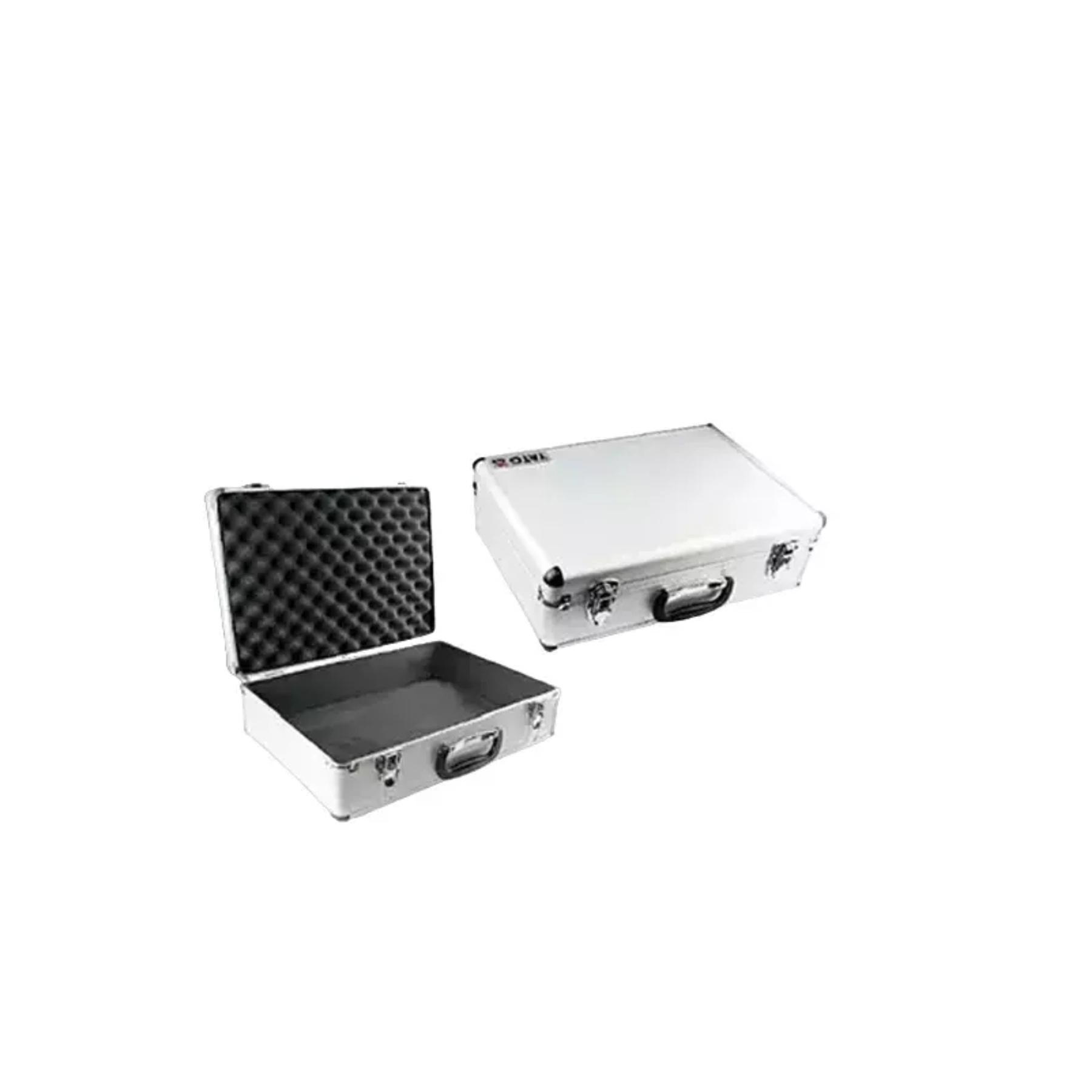 Two metallic cases on a white background