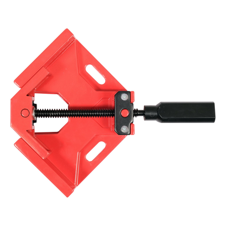 Red clamp with black handle on a white background