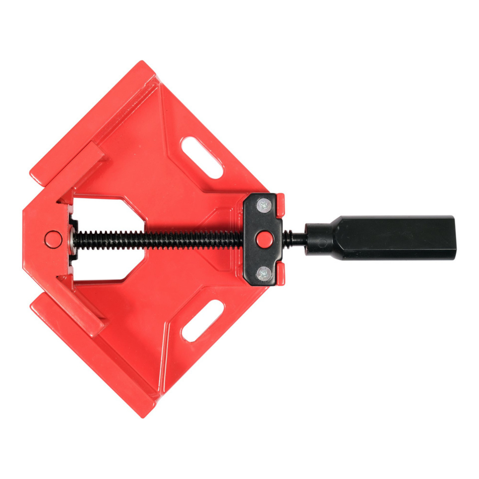 Red clamp with black handle on a white background