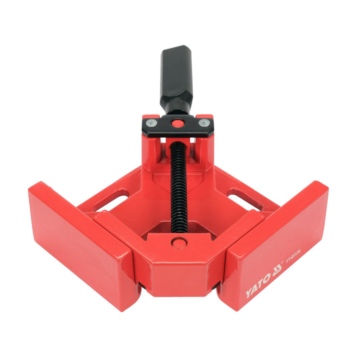 Red clamp with black handle on a white background