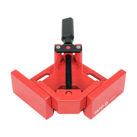 Red clamp with black handle on a white background