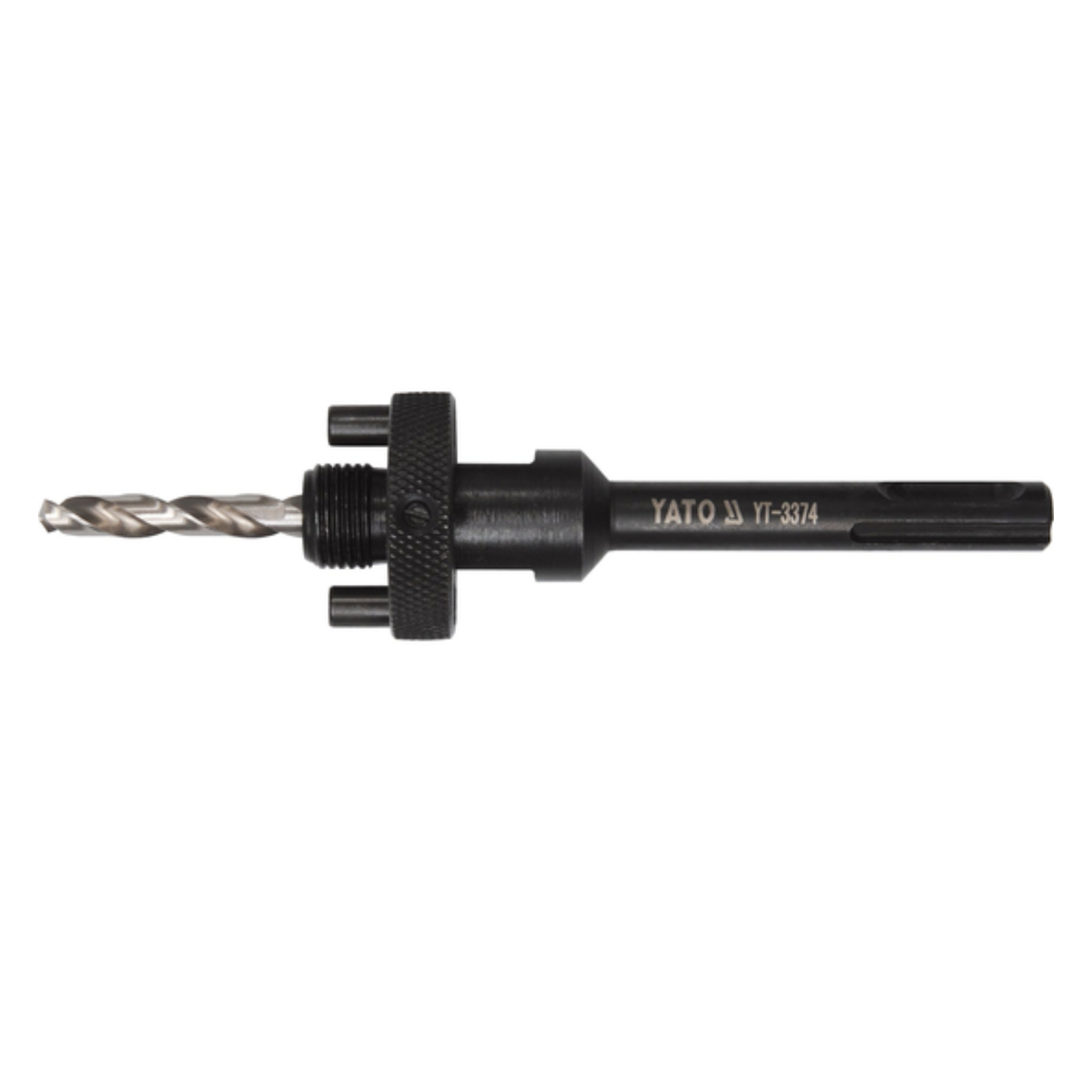A black metal TATO TT-3/4 drill bit chisel with a silver twist drill bit attached, shown horizontally against a plain white background.