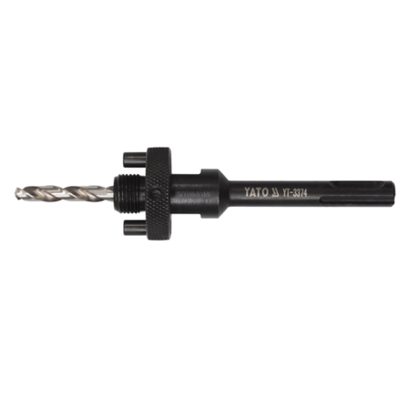A black metal TATO TT-3/4 drill bit chisel with a silver twist drill bit attached, shown horizontally against a plain white background.