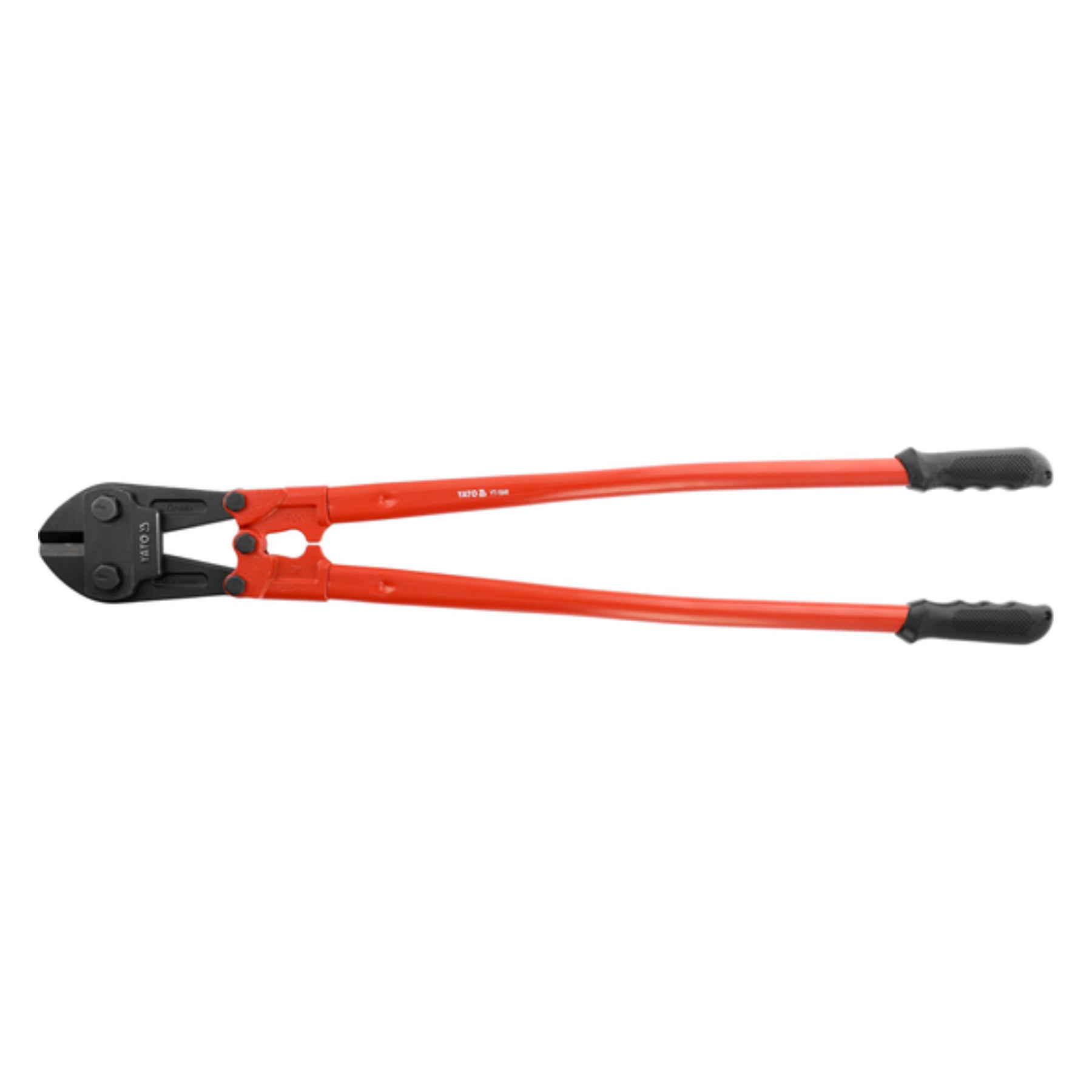 A pair of large bolt cutters with bright red handles and black metal jaws, shown against a plain white background.