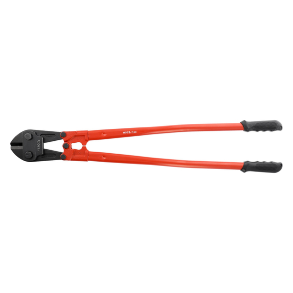 A pair of large bolt cutters with bright red handles and black metal jaws, shown against a plain white background.