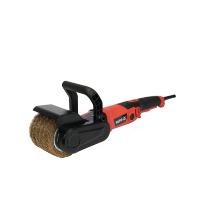 Red and black power tool with a brush attachment on a white background
