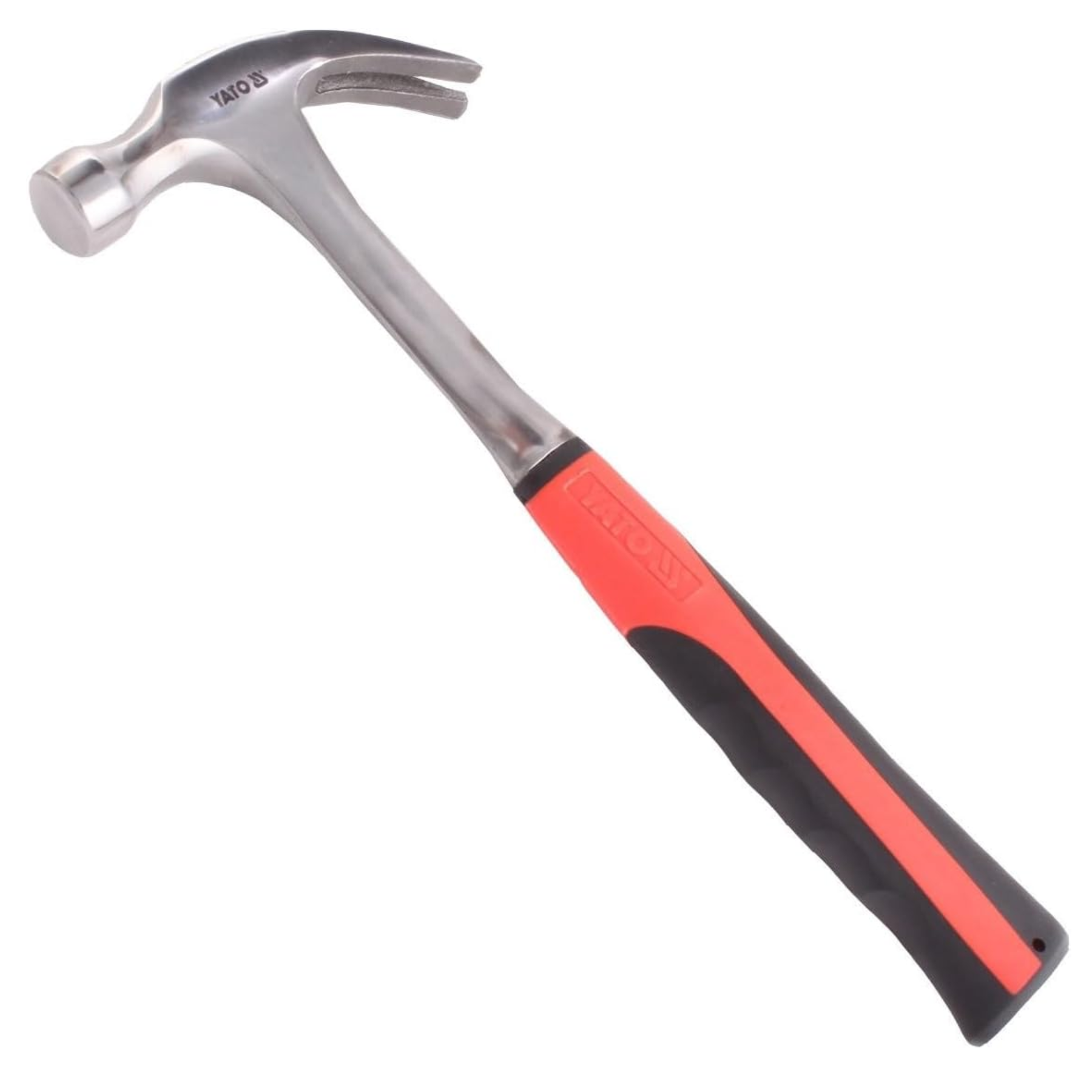 A claw hammer with a silver metal head and a handle featuring a red and black grip, shown on a plain white background.